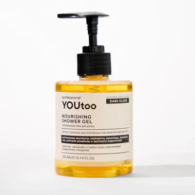 Питательный гель для душа YOUtoo Dark Elixir в прозрачном флаконе с жёлтым содержимым 300 мл — YOUtoo