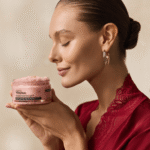 Девушка держит банку скраба HONEY ROSE YOUtoo и вдыхает аромат — YOUtoo