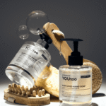 Парфюмированное мыло YOUtoo в прозрачном флаконе рядом с деревянной щёткой и мыльными пузырями — YOUtoo