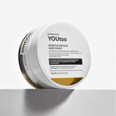 Кератиновая маска YOUtoo Keratin Repair Hair Mask 300 мл на сером подиуме — YOUtoo