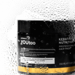 Чёрная банка YOUtoo Keratin Nutrition Hair Mask 350 мл сквозь капли воды — YOUtoo