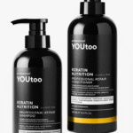 Два чёрных флакона YOUtoo Keratin Nutrition: шампунь и кондиционер рядом — YOUtoo
