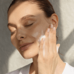 Девушка наносит белую пену успокаивающего средства для умывания на щёку — YOUtoo